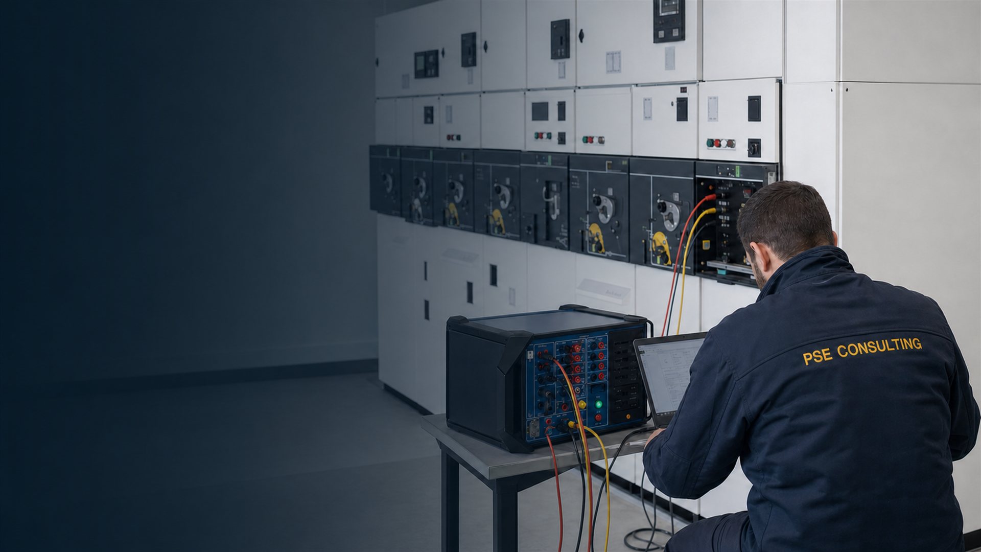 Ingénieur réalisant des essais sur une installation de contrôle dans une salle électrique HTA.